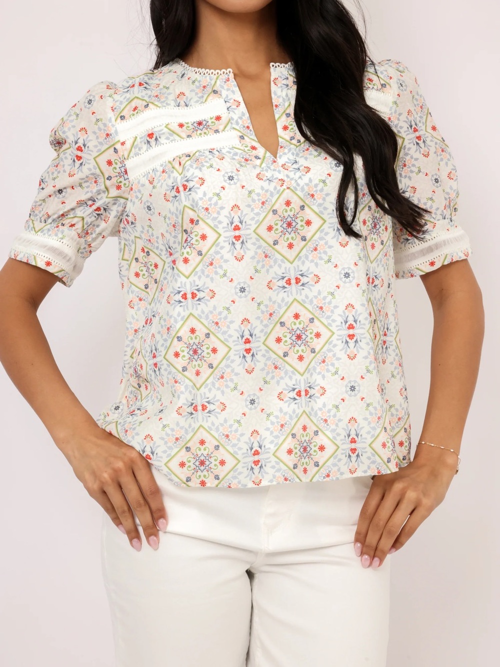 CURRENT AIR SIZE L~HALEY TOP~ SUMMER V-NECK FLORAL SHIRT BUTTON UP SLEEVES